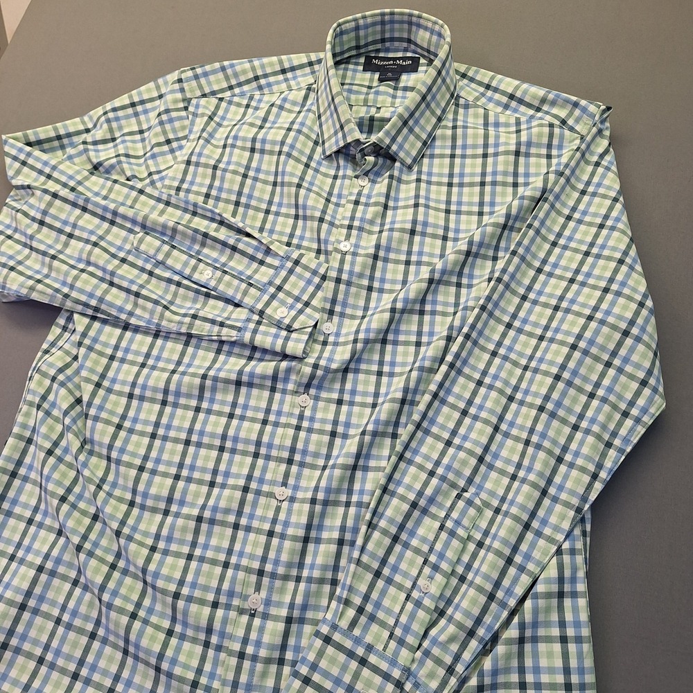 Mizzen+Main Leeward Trim Fit Dress Shirt XL Blue Green Check TBU11-BCP LS